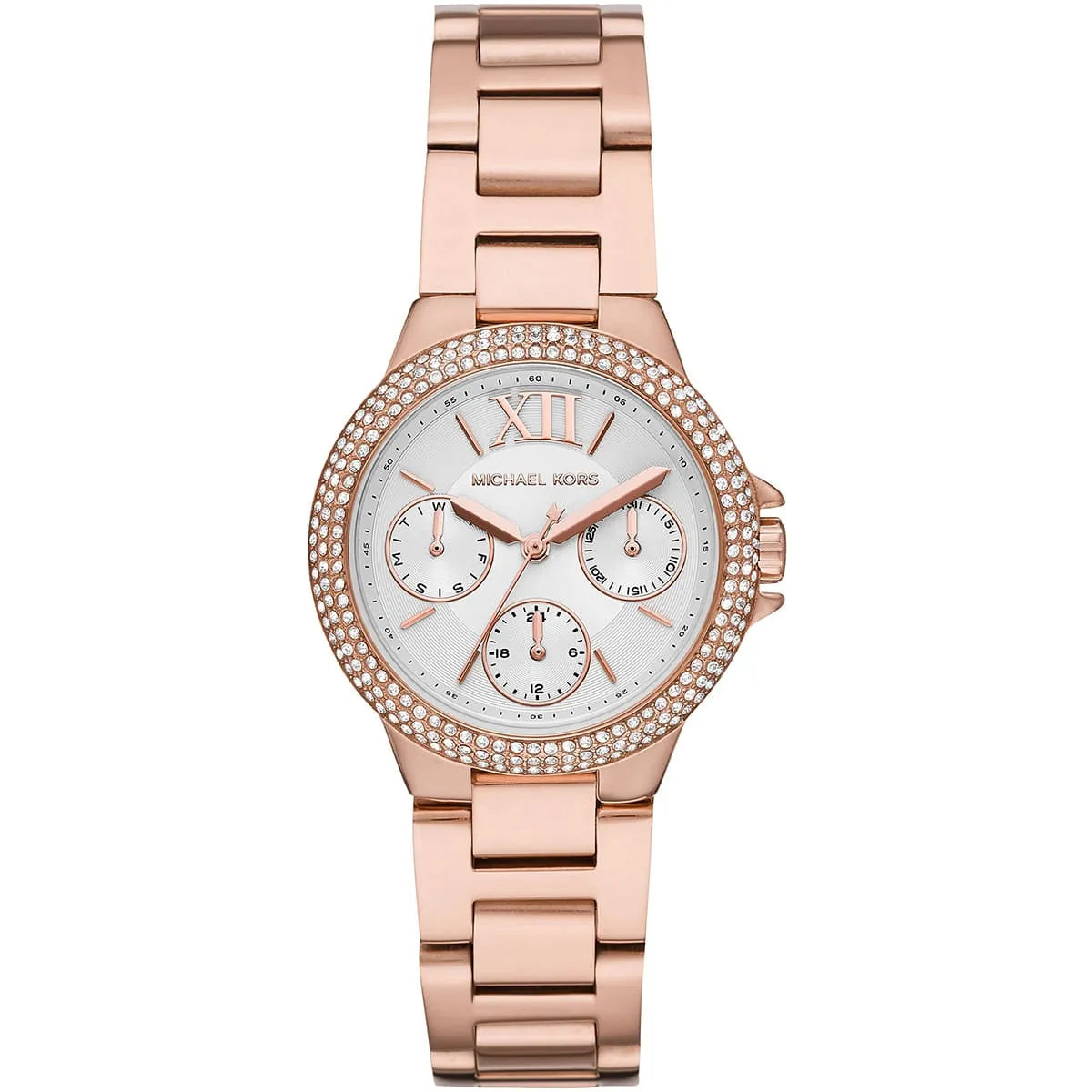 Michael Kors Camille chronograph watch with white dial, rose gold case and bracelet, diamond-set bezel