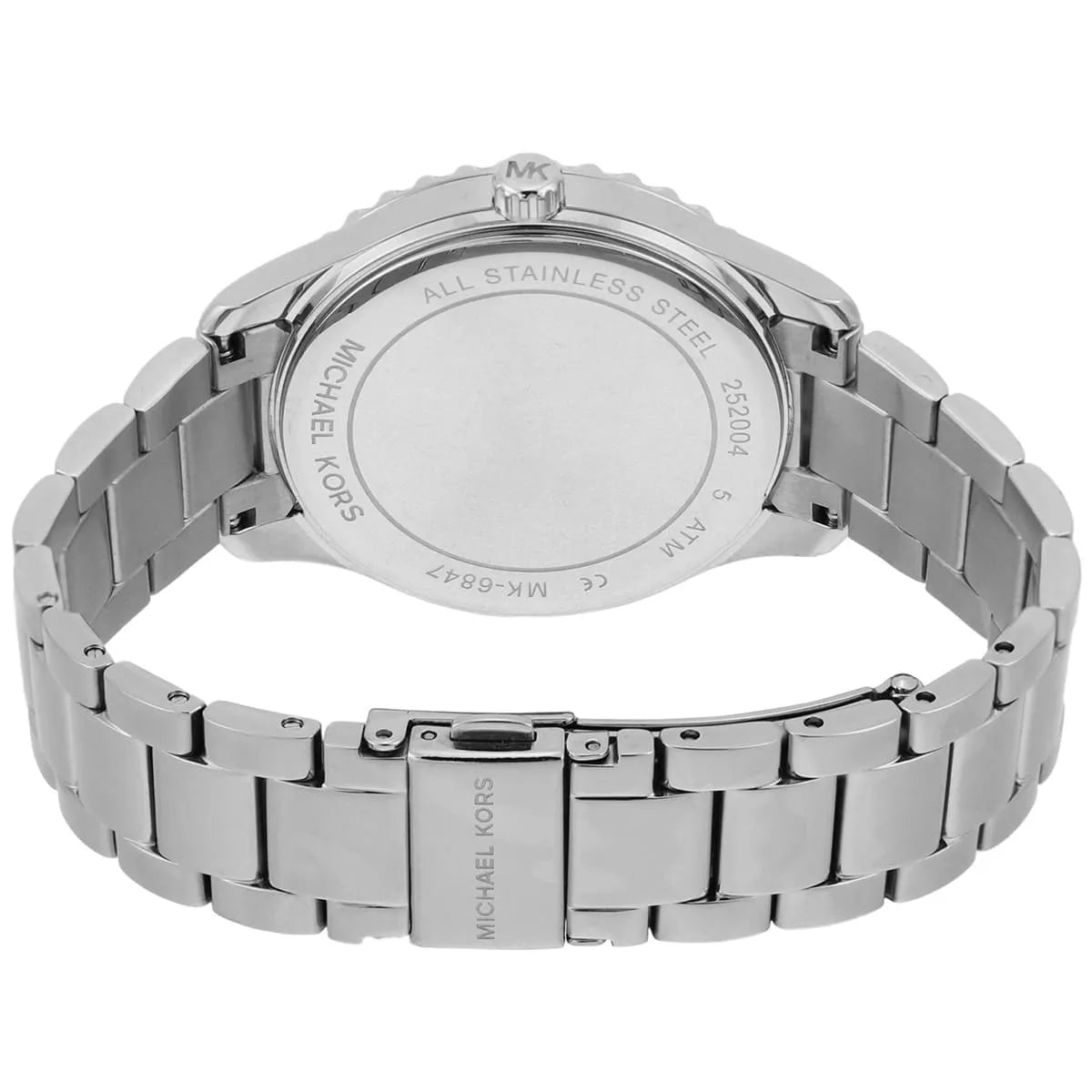 Michael Kors Layton watch case back view with stainless steel bracelet and engraved details