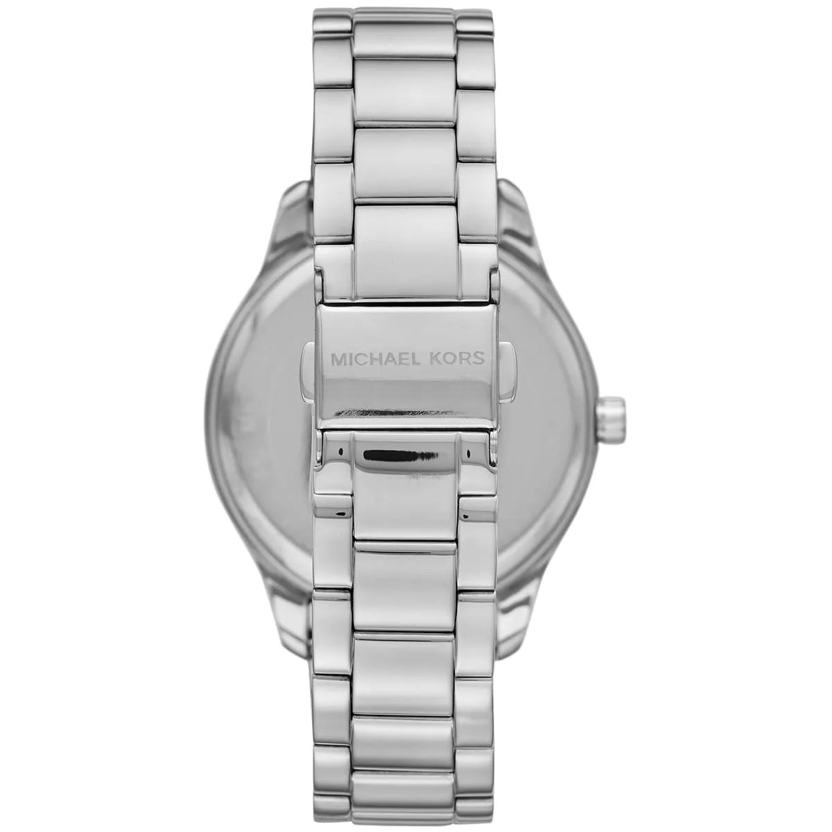 Back view of Michael Kors Layton watch showing stainless steel case back and bracelet