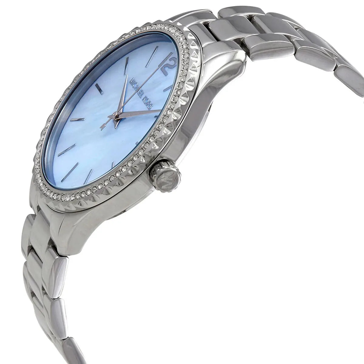 Side profile of Michael Kors Layton watch showing crystal-set bezel and blue dial face