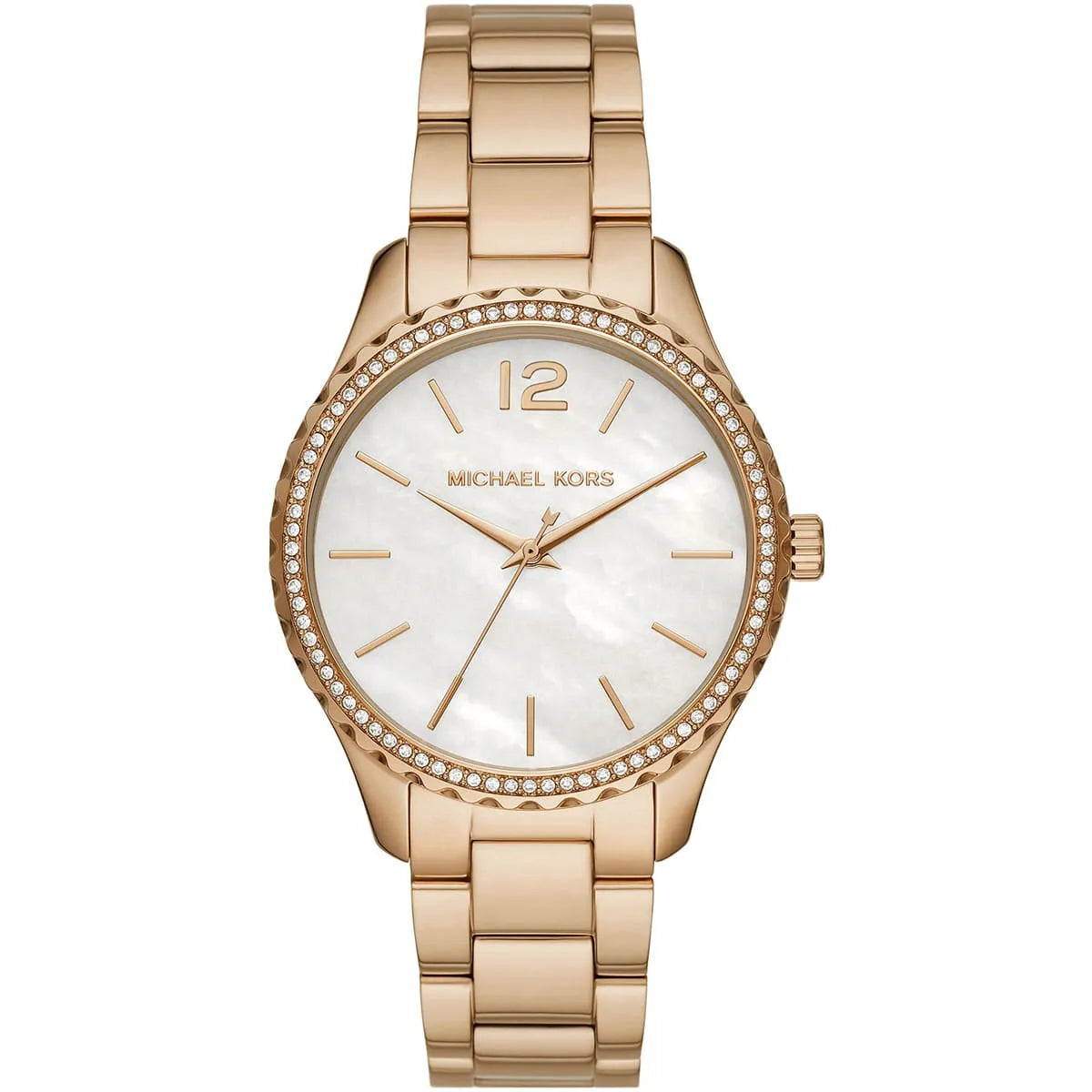 Michael Kors Layton white mother-of-pearl dial gold-tone watch with crystal bezel