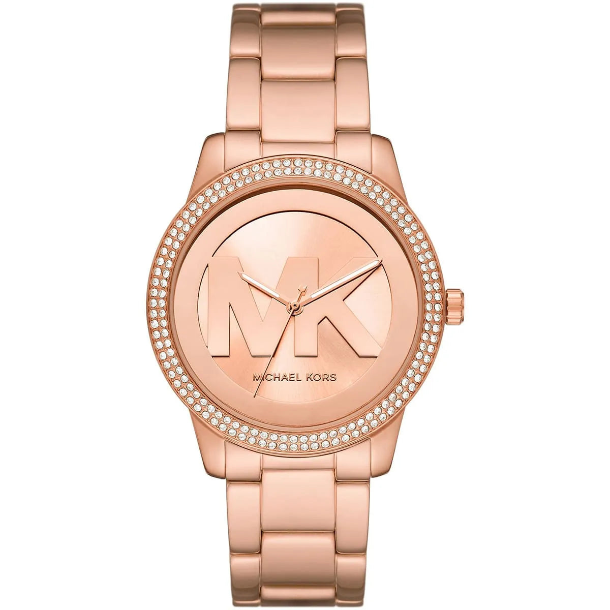 Michael Kors Tibby rose-gold women's watch with MK logo dial and crystal bezel