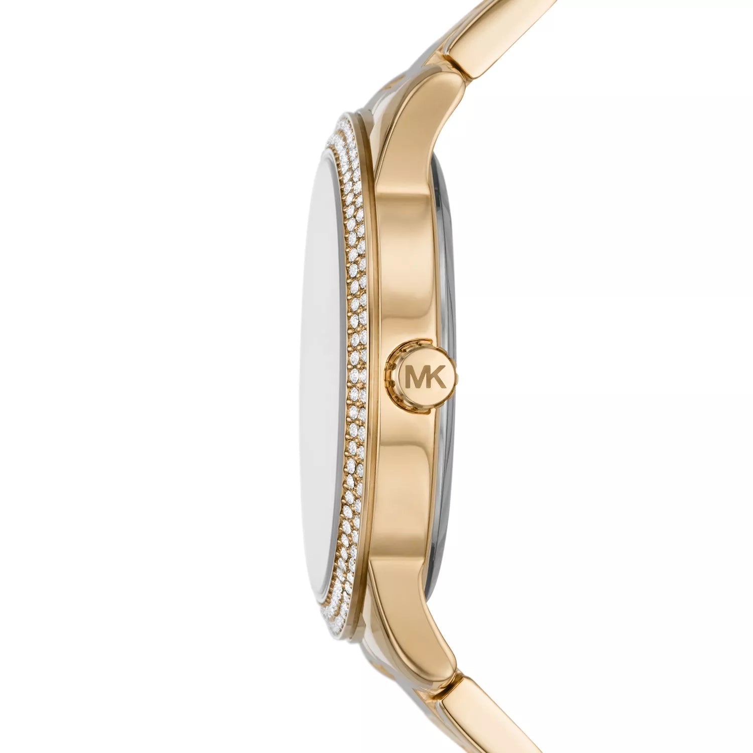 Side view of Michael Kors Tibby watch showing crystal-embellished bezel and gold-tone metal bracelet