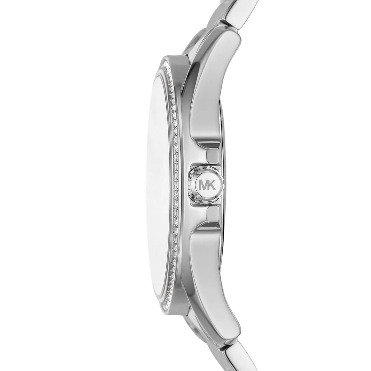 Side profile of Michael Kors Kacie watch showing case depth and MK logo on silver strap