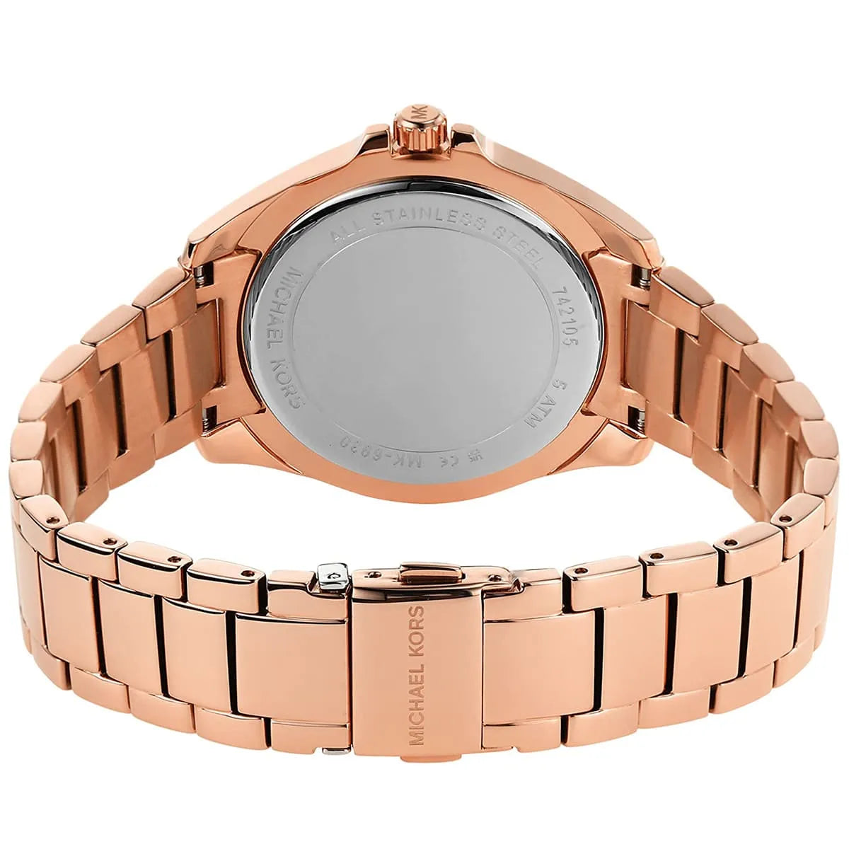Bottom view of Michael Kors Kacie watch showing case back engraving and link bracelet
