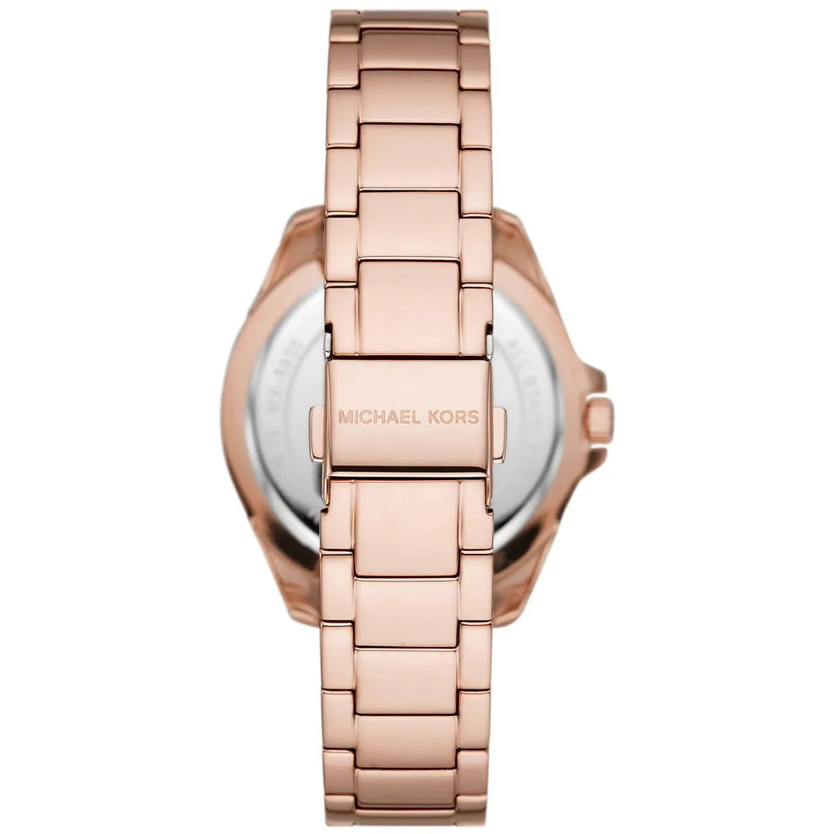 Back view of MK6930 watch showing case back and rose gold stainless steel bracelet