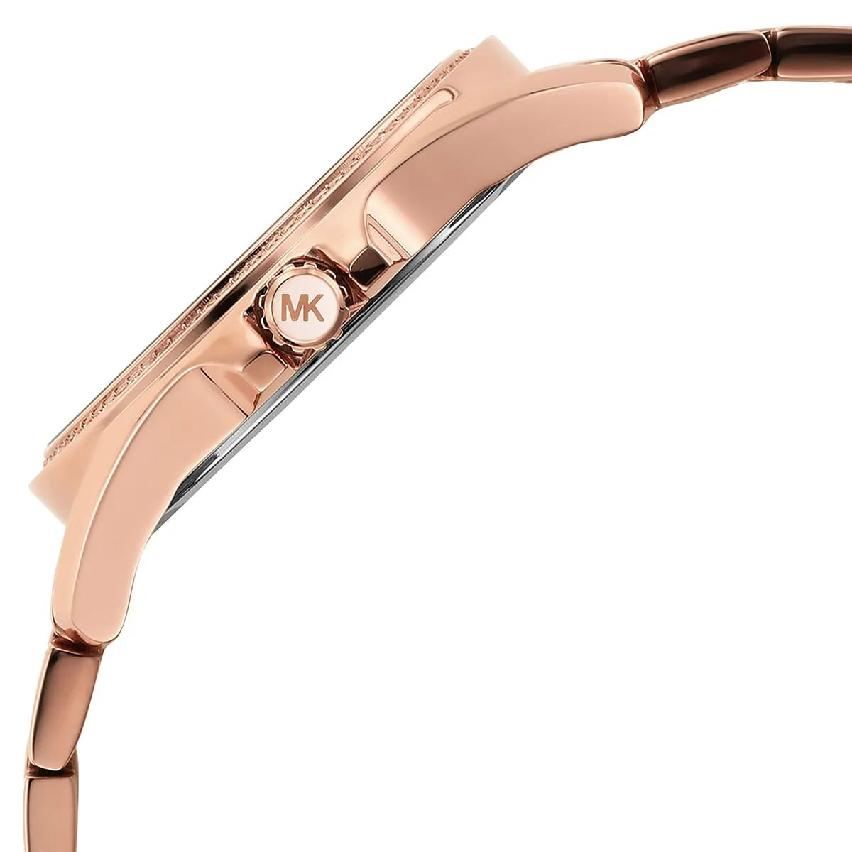 Side view of MK6930 watch showing rose gold case and MK logo on bracelet