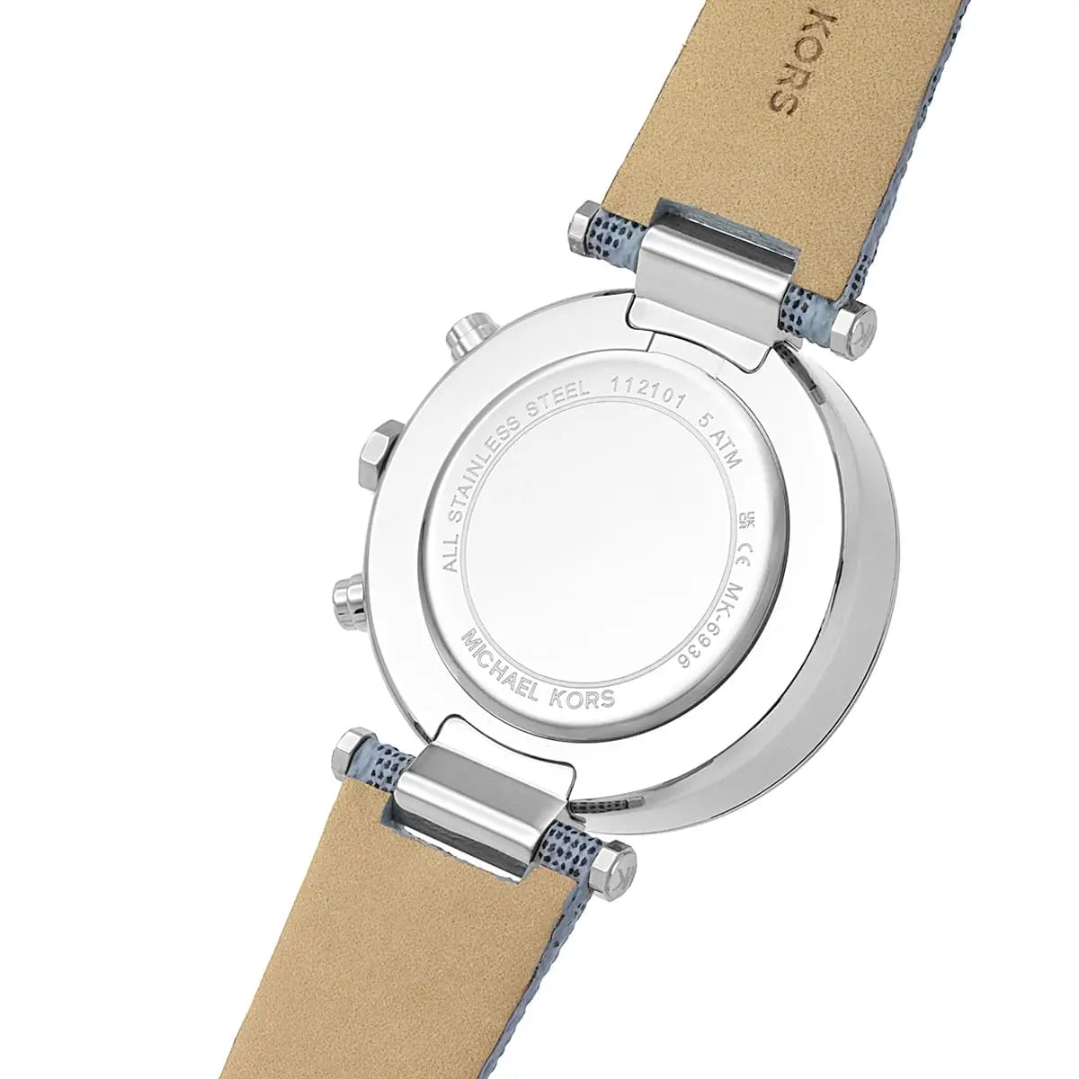Michael Kors Parker watch caseback showing stainless steel with engraved text