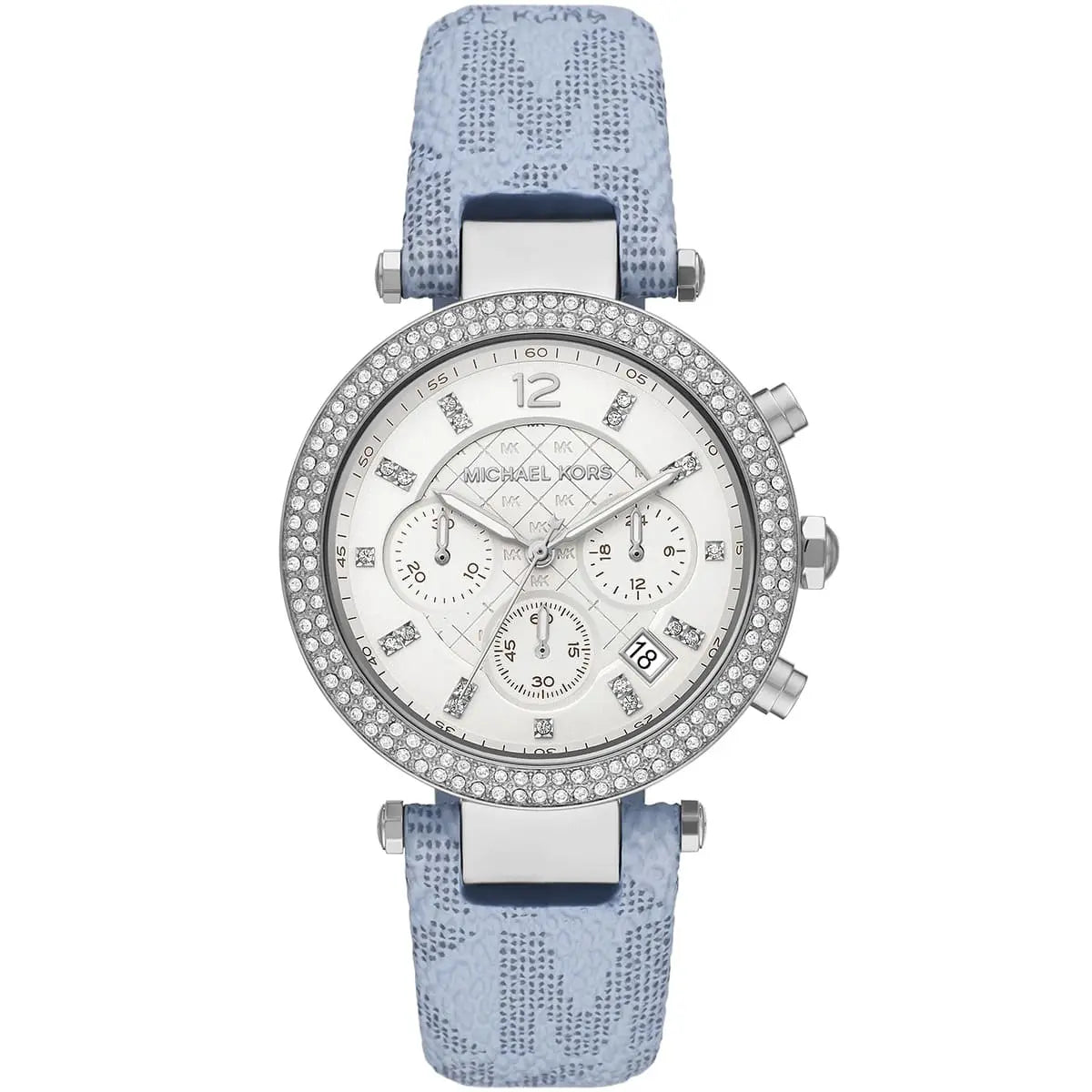 Michael Kors Parker chronograph watch with white dial and blue leather strap
