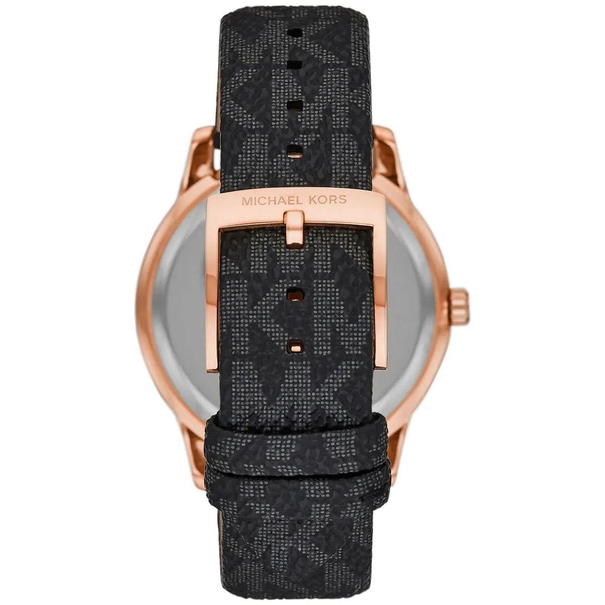 Michael Kors Tibby watch caseback with rose gold case and patterned black leather strap