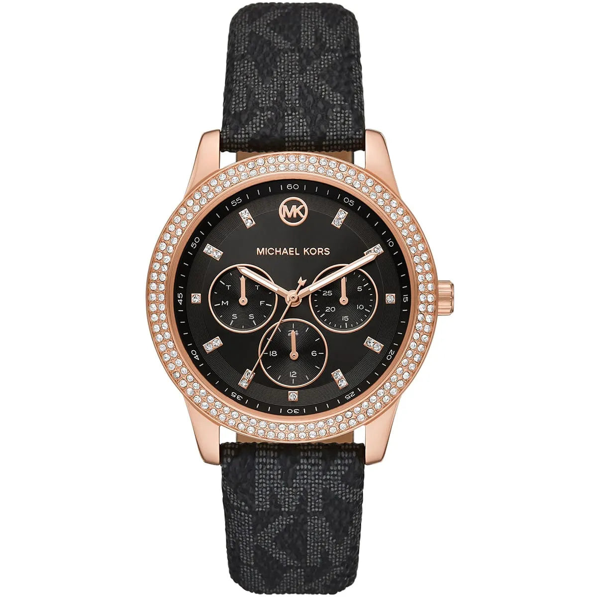 Michael Kors Tibby black dial multifunction watch with rose gold case and crystal bezel