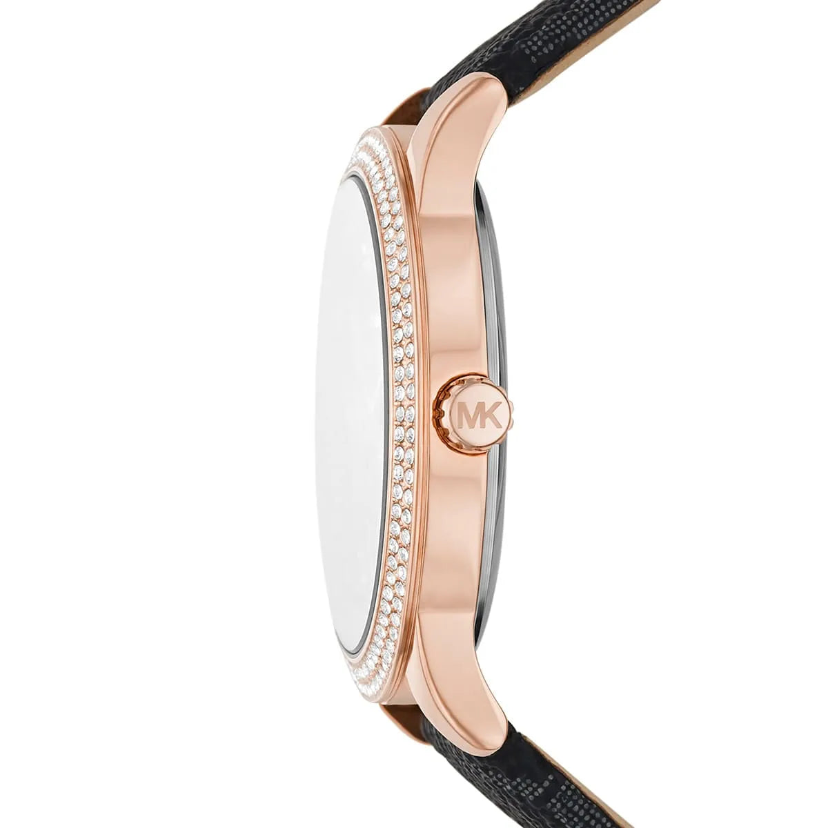 Michael Kors Tibby watch side profile showing rose gold case and black leather strap