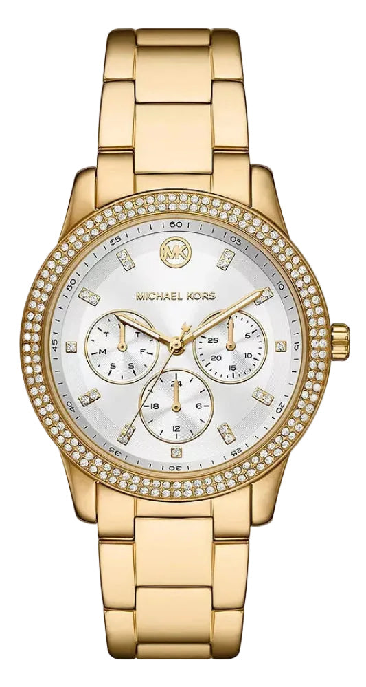 Michael Kors Tibby gold multifunction watch with silver sunray dial, crystal bezel, and gold bracelet