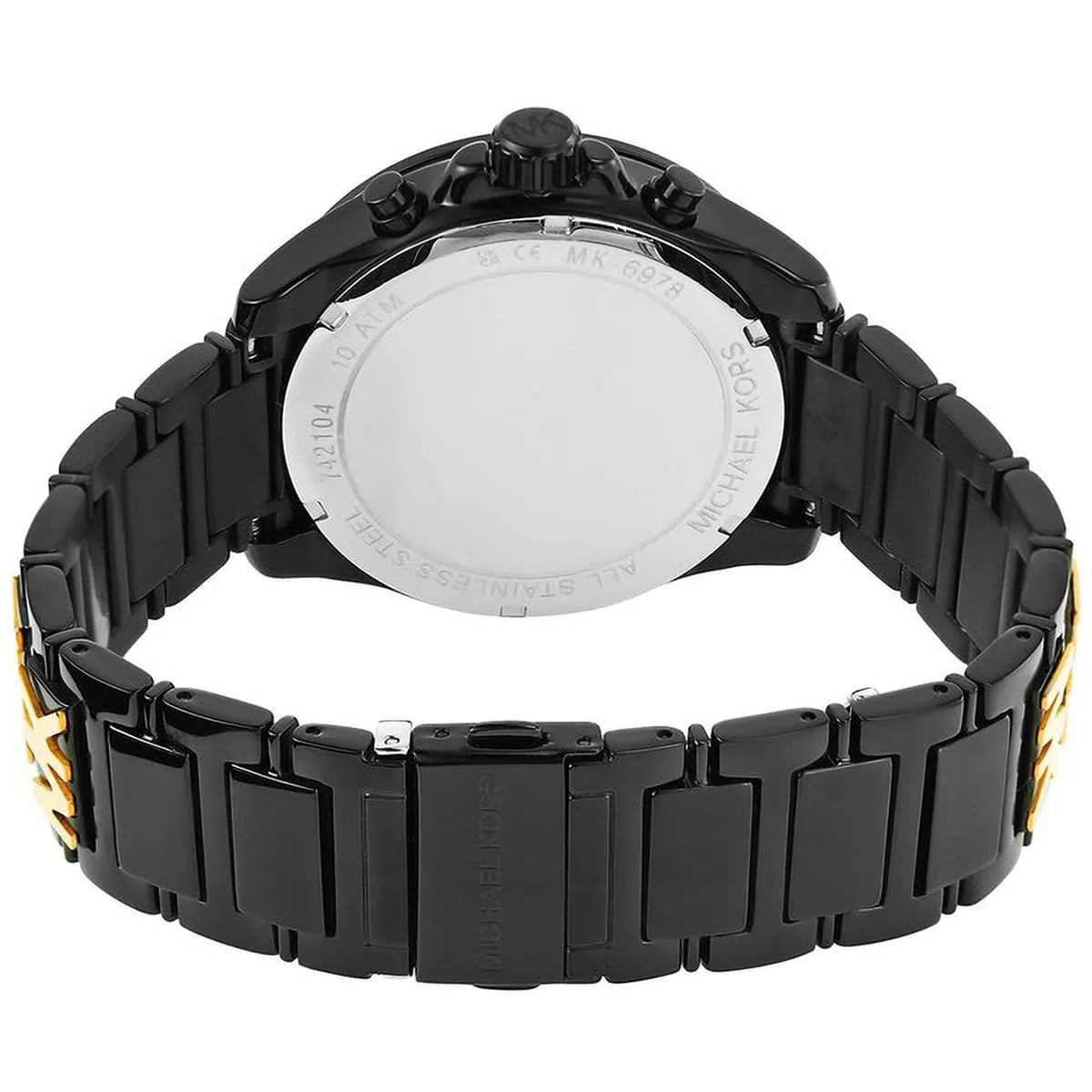 Michael Kors Wren two-tone steel bracelet with black and gold metal links from rear