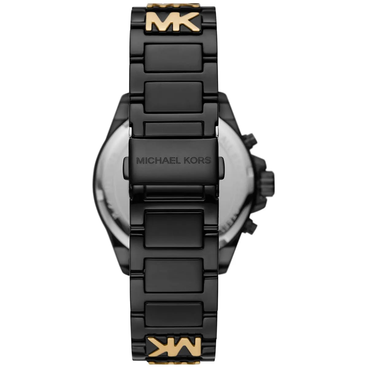 Michael Kors Wren caseback view showing two-tone metal strap with MK logo detail