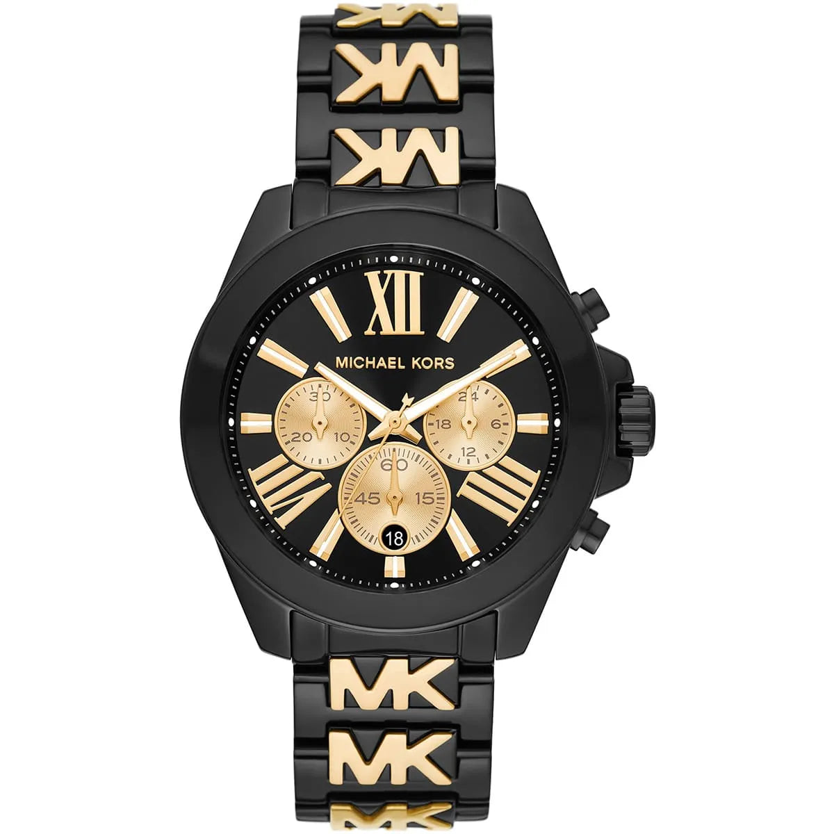 Michael Kors Wren chronograph featuring champagne subdials and Roman numeral indices on black dial