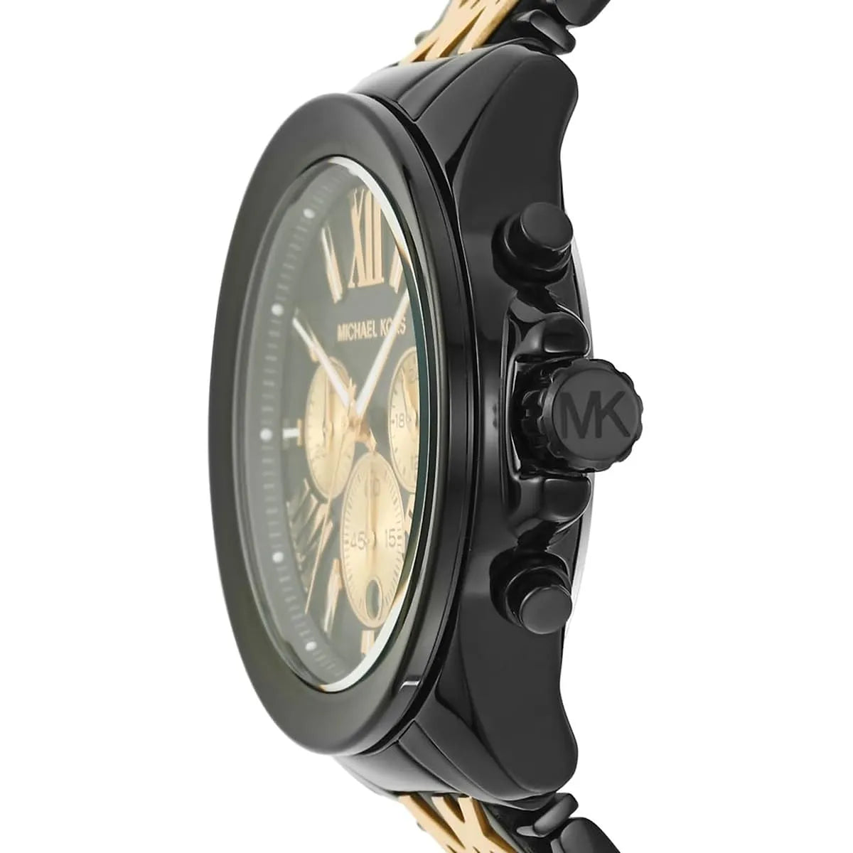 Side angle view of Michael Kors Wren showing case profile and chronograph pushers