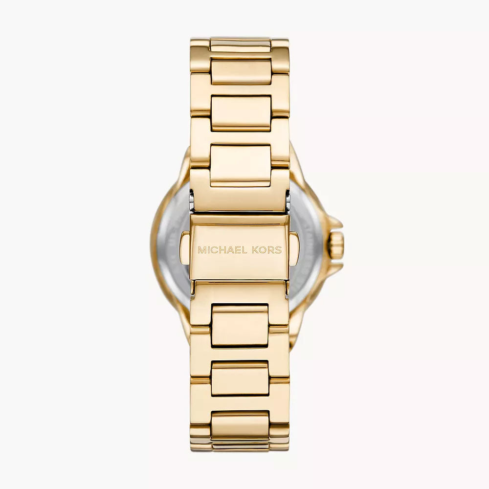 Caseback view of Michael Kors Camille Mini watch with gold bracelet and link details