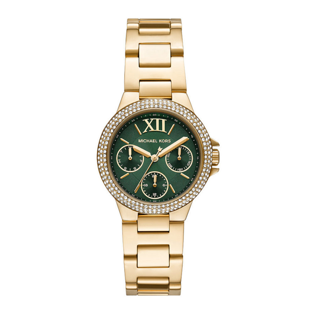 Michael Kors Camille Mini green dial gold watch with diamond pavé bezel and gold bracelet