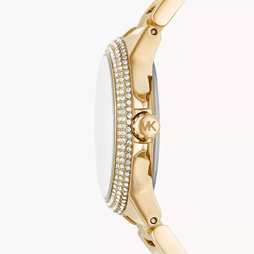 Side profile of Michael Kors Camille Mini watch showing diamond pavé bezel and gold bracelet