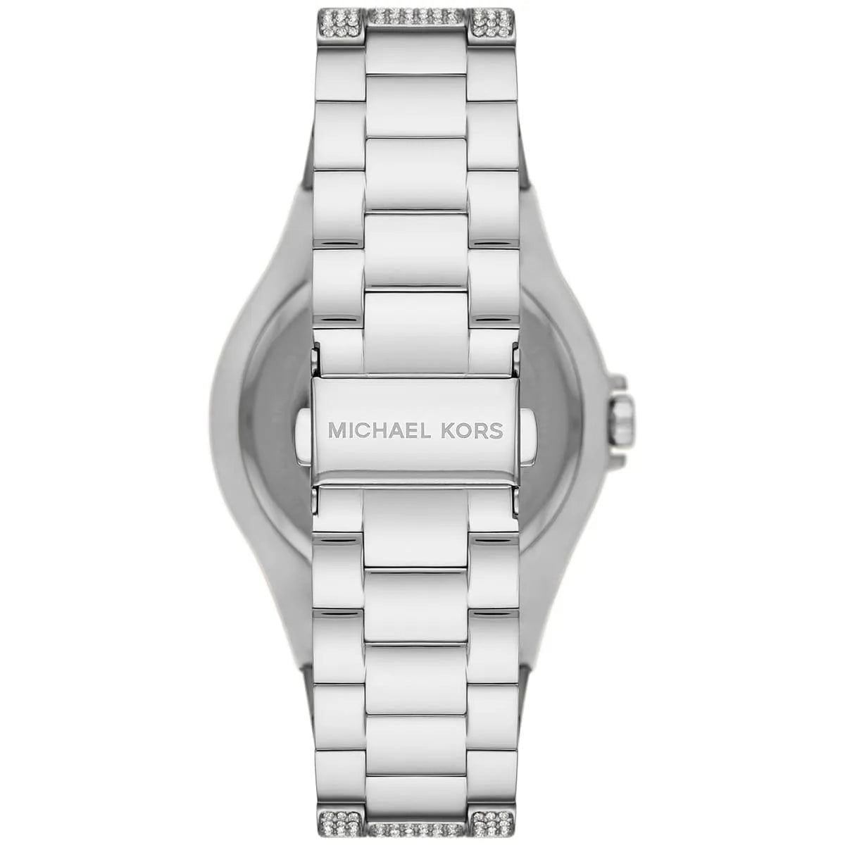 Michael Kors Lennox Pavé watch caseback with logo and crystal-set stainless steel bracelet