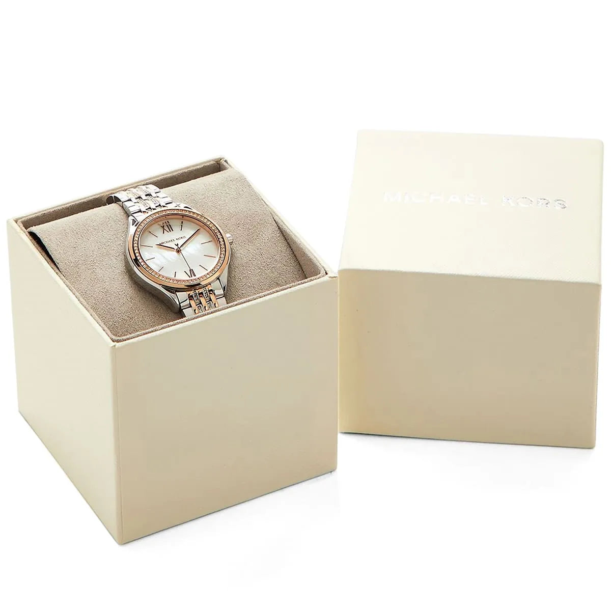 Michael Kors Mindy watch in cream presentation box with tissue paper and protective sleeve