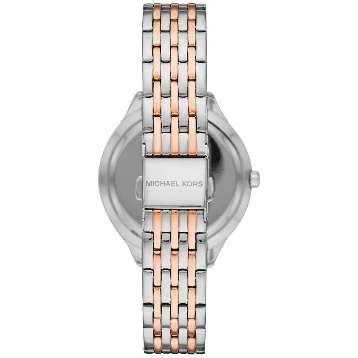 Back view of Mindy watch showing caseback with Michael Kors branding and two-tone stainless steel strap