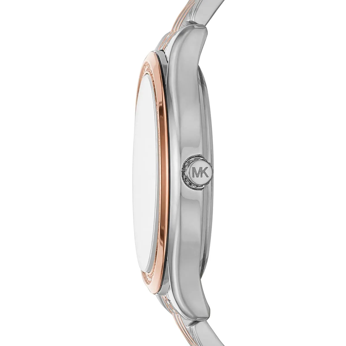 Side view of Mindy watch showing rose gold bezel and two-tone stainless steel case with MK logo