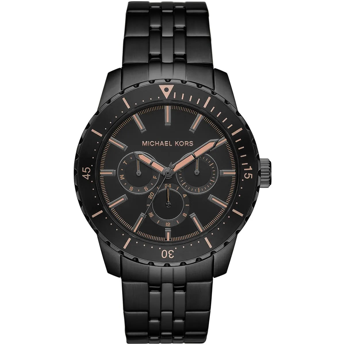 Michael Kors Cunningham MK7157 men's watch with black dial, rose gold accents, chronograph subdials, and black stainless steel bracelet