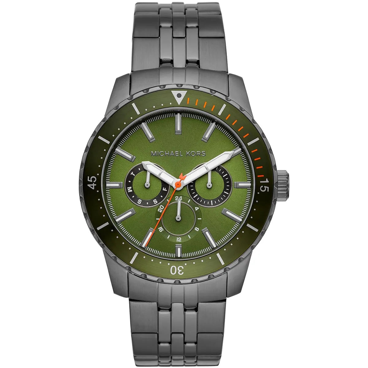 Michael Kors Cunningham MK7158 men's watch with olive green dial, gunmetal case, multifunction subdials, and stainless steel bracelet