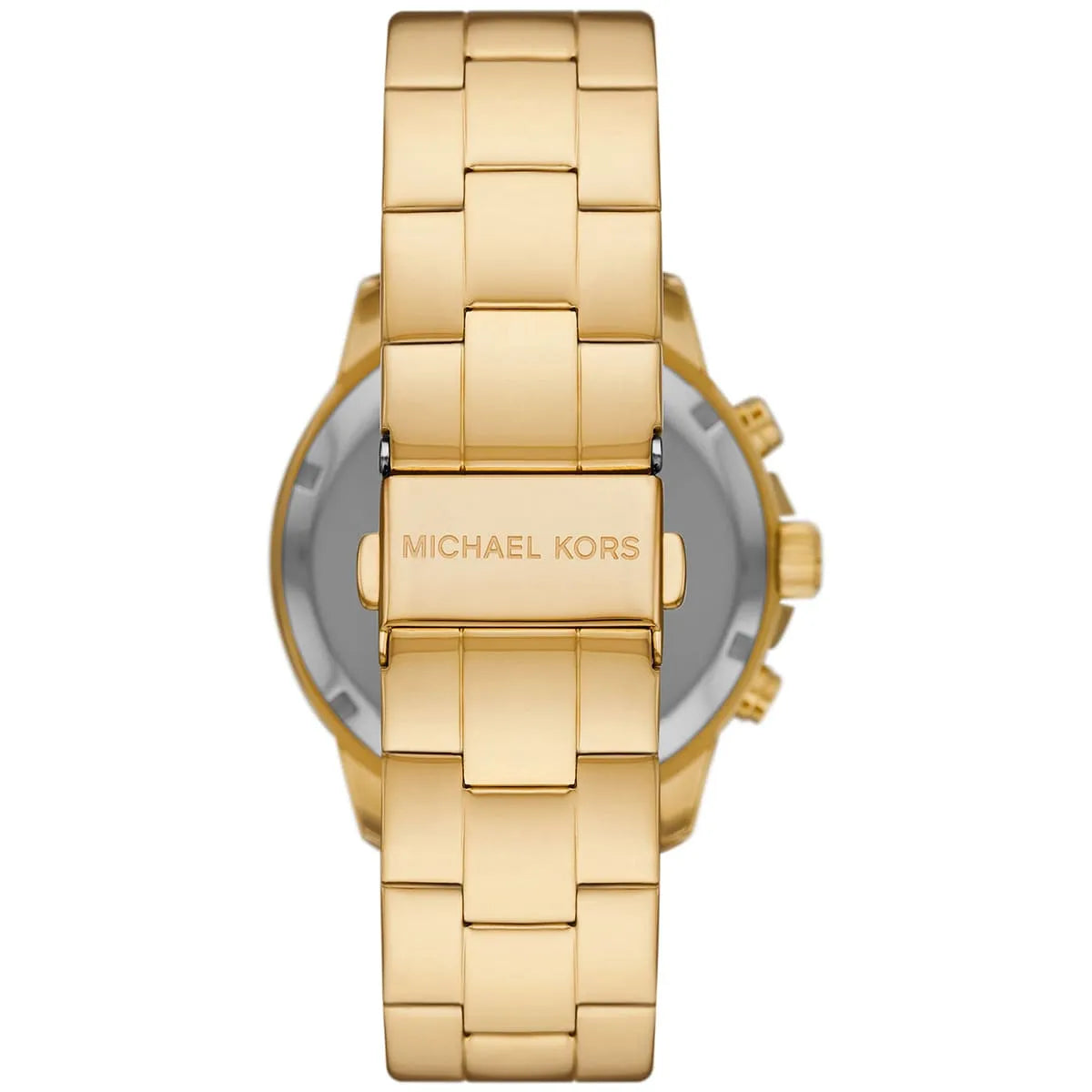 Michael Kors Bryn gold watch caseback showing stainless steel strap and chronograph pushers