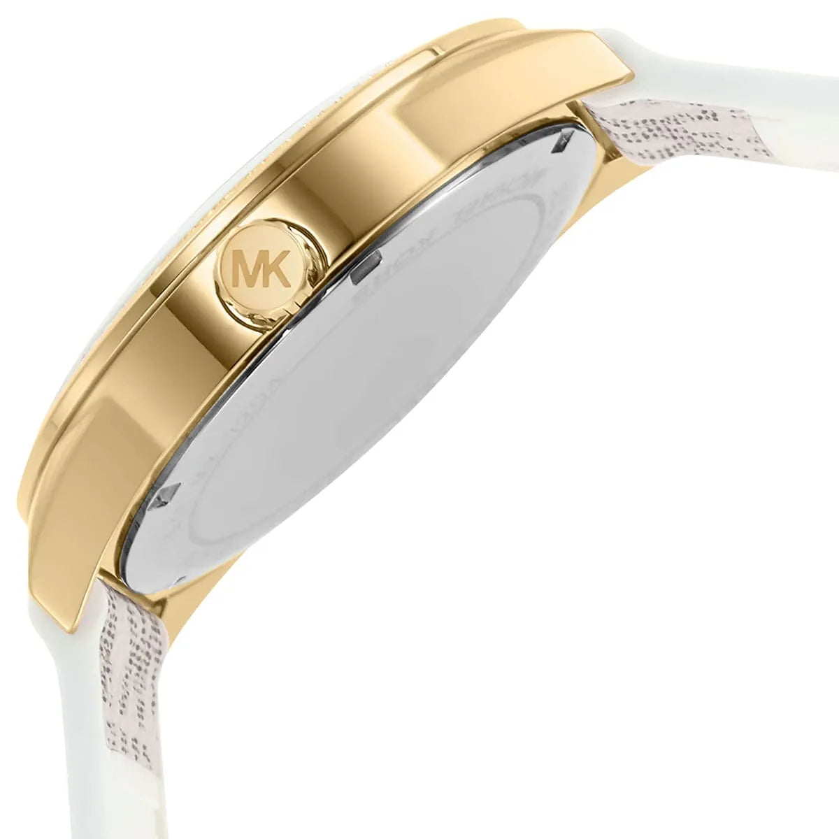 Michael Kors Jessa watch side profile displaying gold case with MK logo