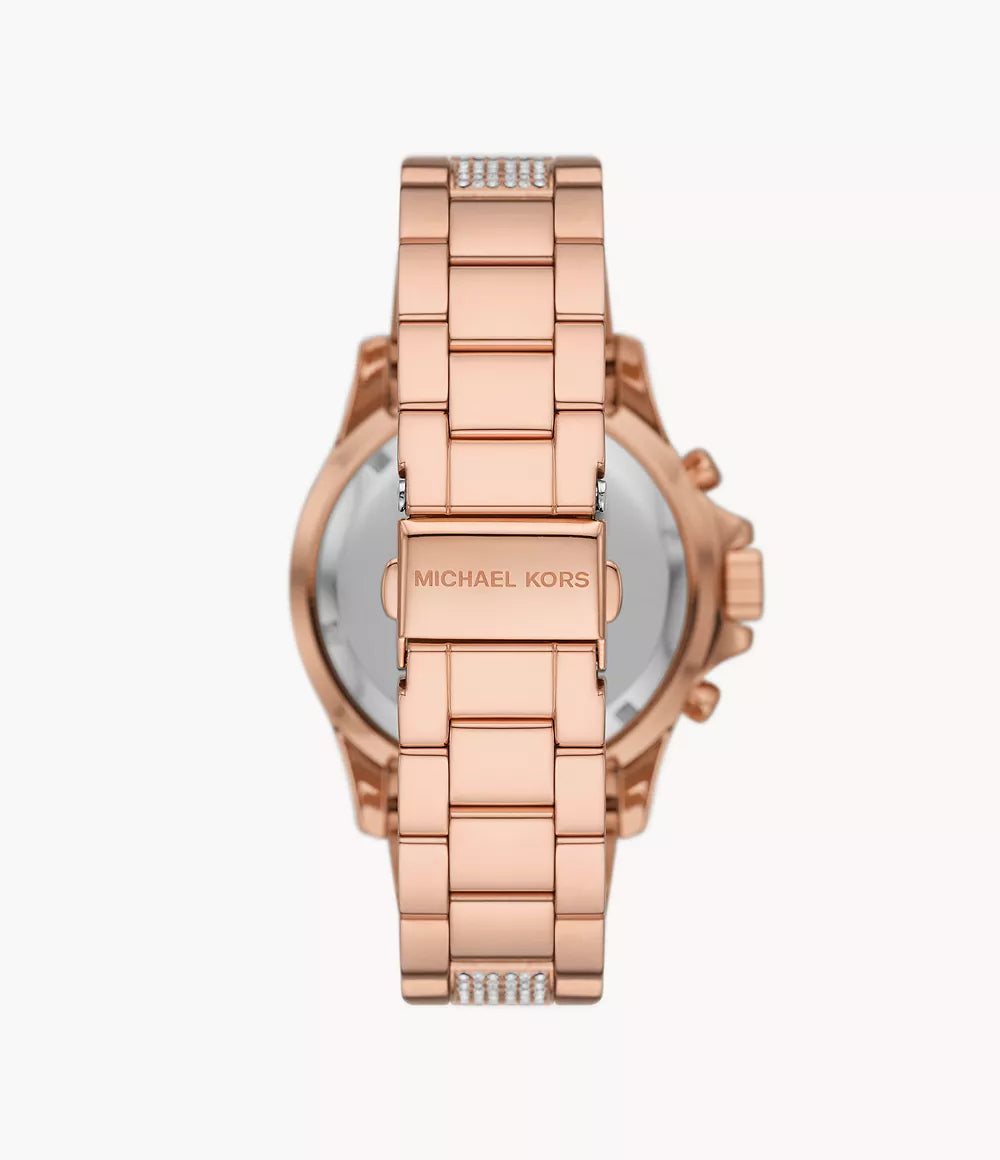 Caseback view of MK7211 rose gold chronograph with Michael Kors branding on bracelet