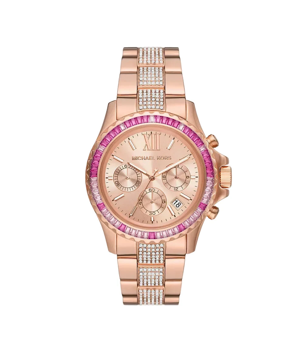 MK7211 rose gold ladies watch with pavé crystal bracelet and chronograph subdials