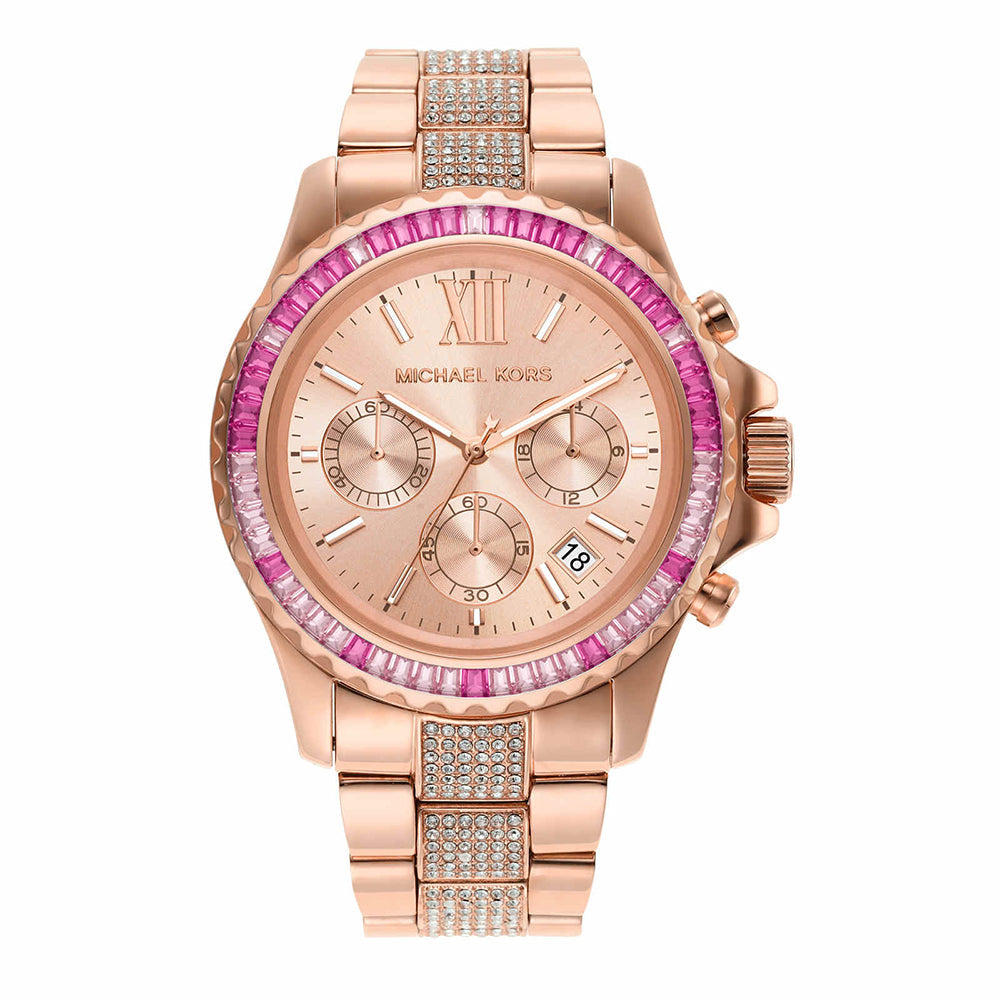 Michael Kors Everest Pavé rose gold-tone chronograph watch with purple baguette bezel