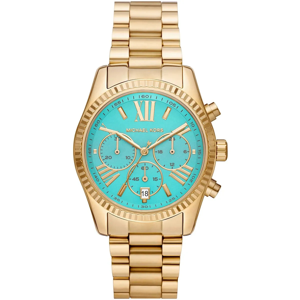 Michael Kors Lexington chronograph watch with turquoise dial and gold-tone stainless steel bracelet