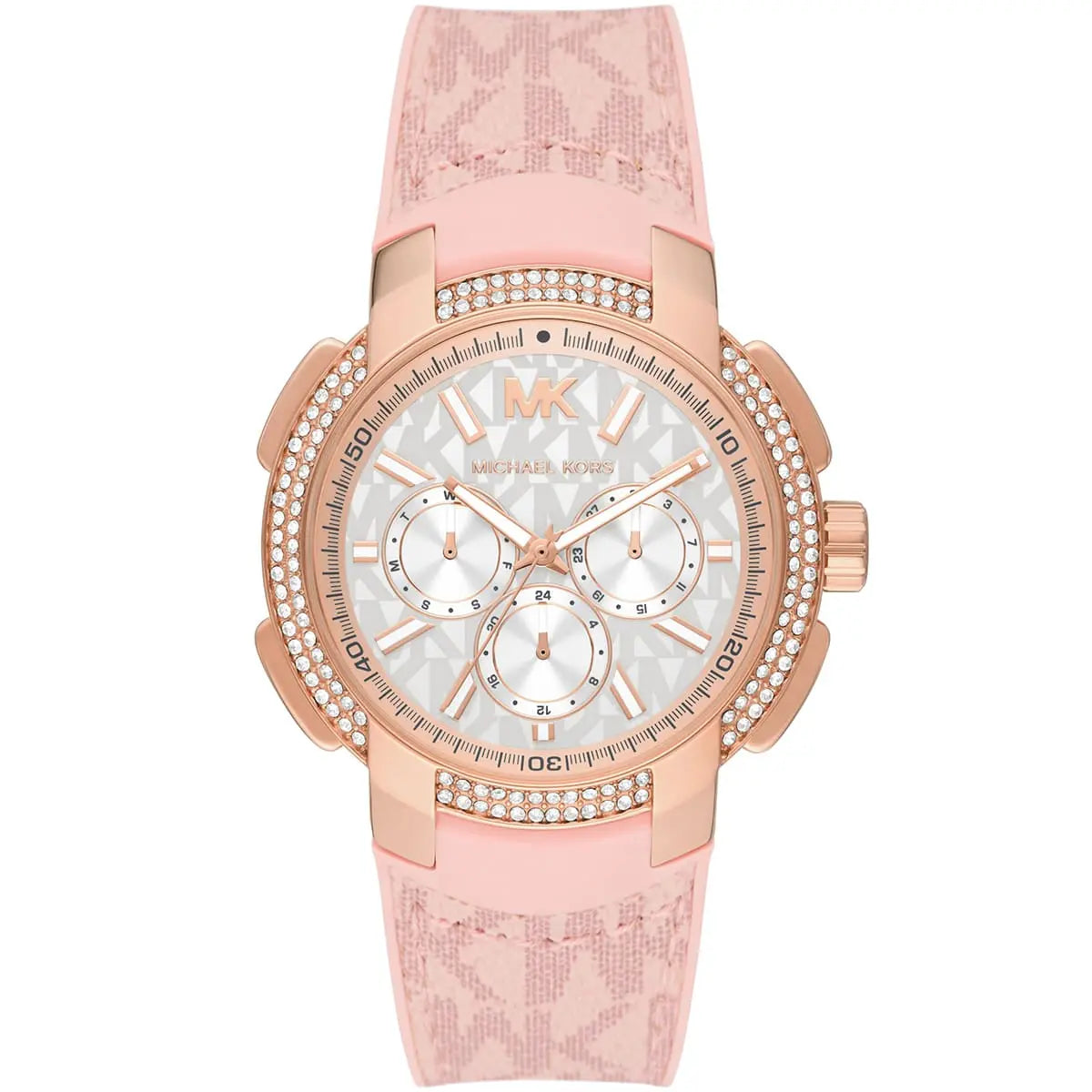 Michael Kors Sidney oversized watch with rose gold-tone case, white dial, crystal bezel, and pink strap