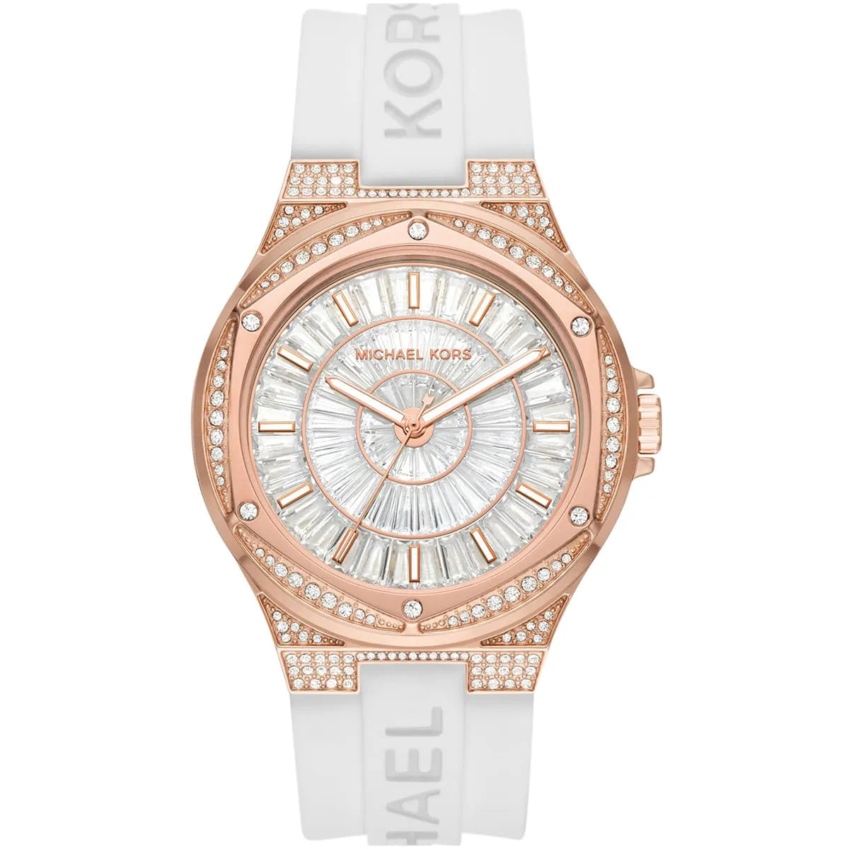 Michael Kors Lennox Pavé oversized watch with rose gold-tone case, crystal-set bezel, white dial, and white silicone strap