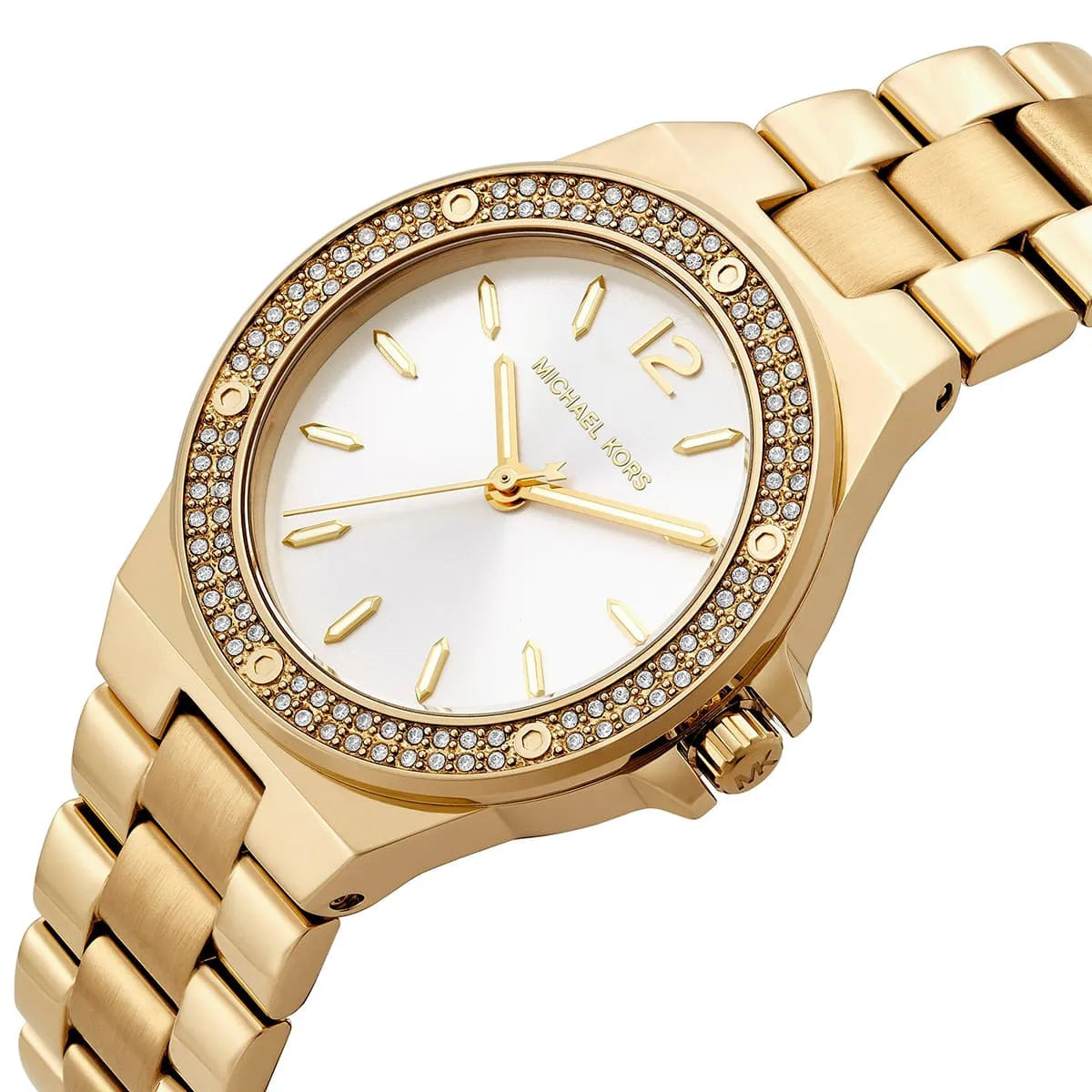 Michael Kors Mini Lennox angled view showing gold stainless steel bracelet and pavé crystal bezel