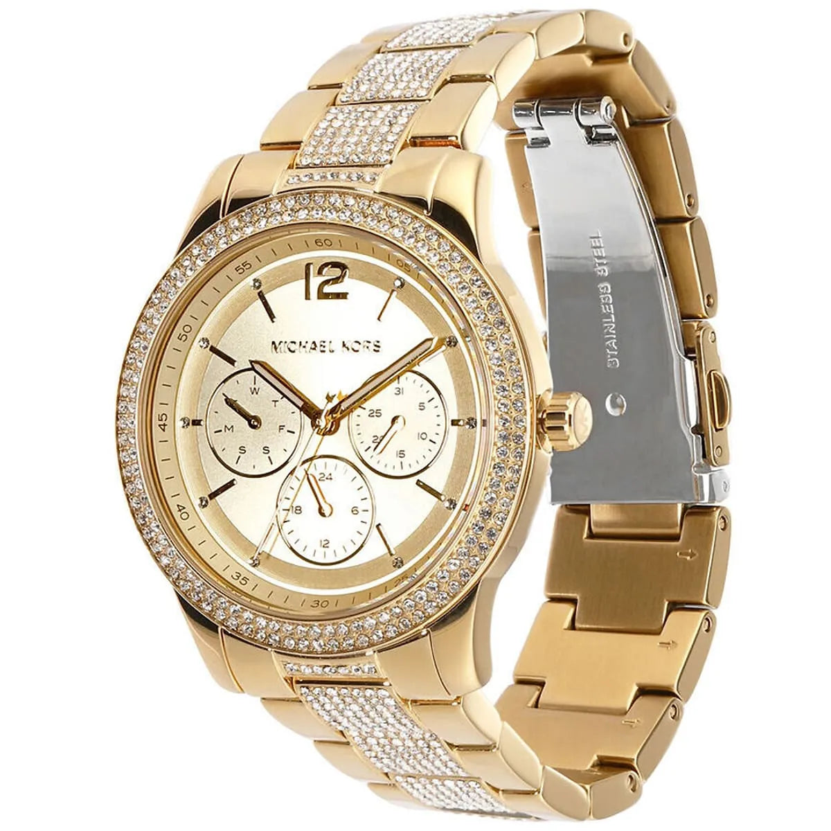 Michael Kors Tibby MK7292 watch shown at angle displaying gold bracelet and crystal details
