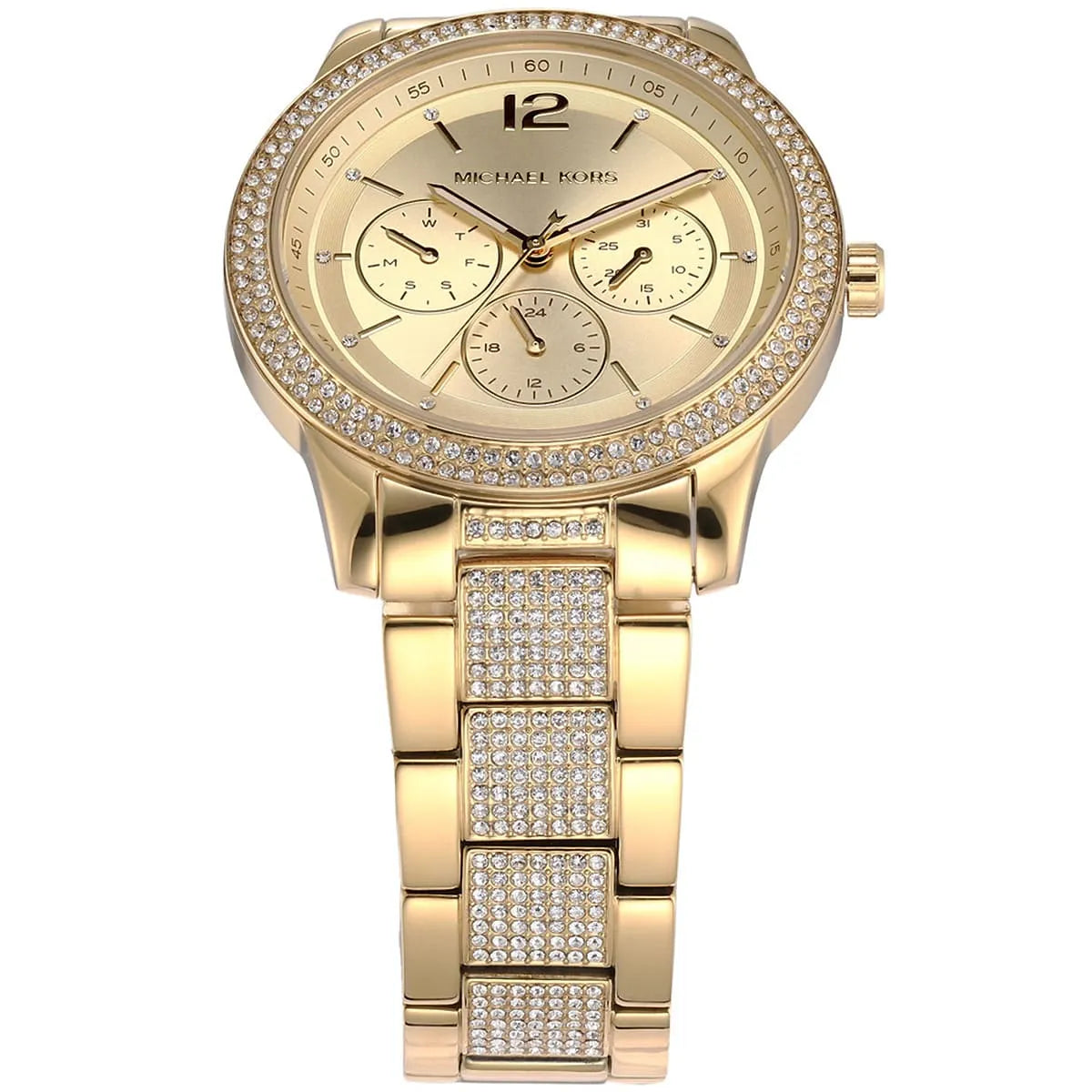 Close-up of Michael Kors Tibby MK7292 dial showing three subdials and crystal-encrusted bezel