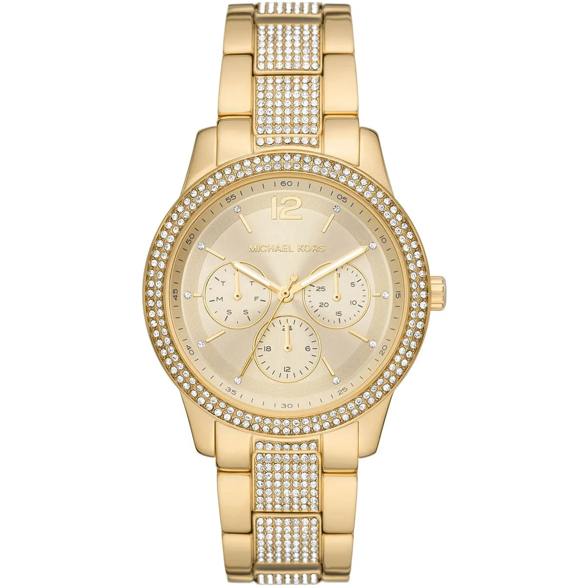 Michael Kors Tibby MK7292 gold dial multifunction watch with three subdials and crystal-set bezel