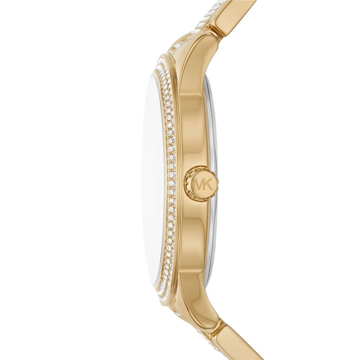 Side profile of Michael Kors Tibby MK7292 watch showing bezel depth and bracelet links