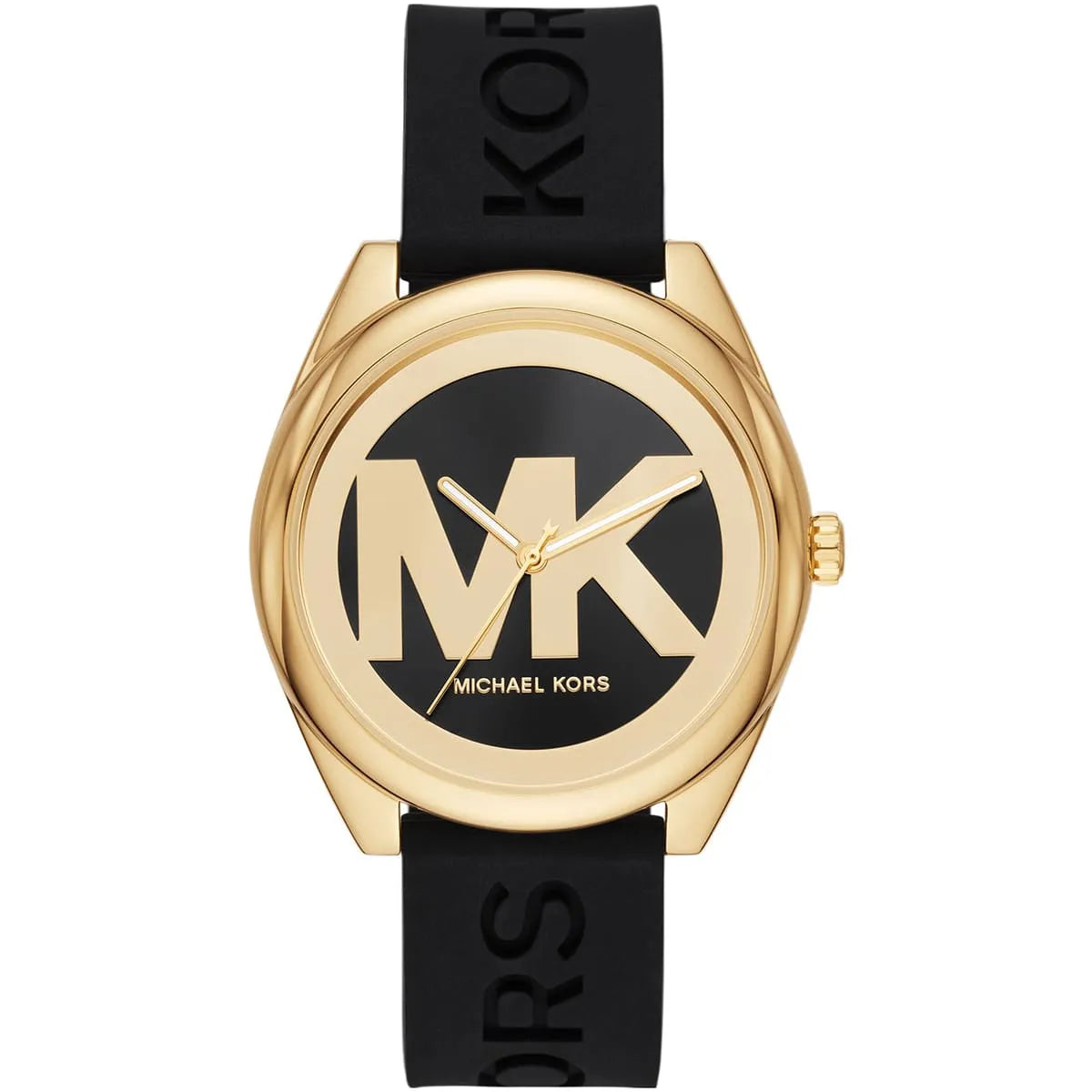 Michael Kors Janelle women's watch with gold-tone case, black dial, MK logo, and black silicone strap