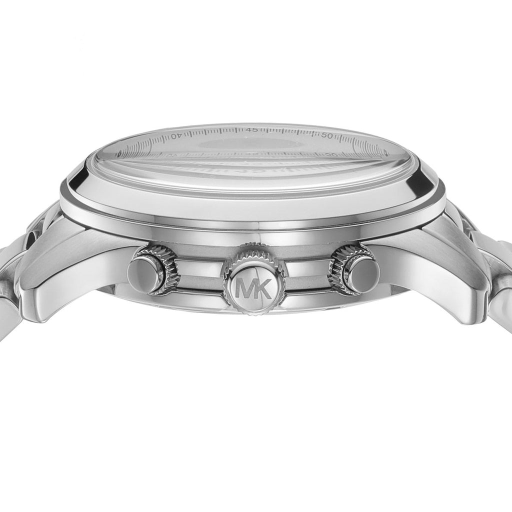 Michael Kors MK7325 watch case side view showing crystal, pushers, and crown with MK logo