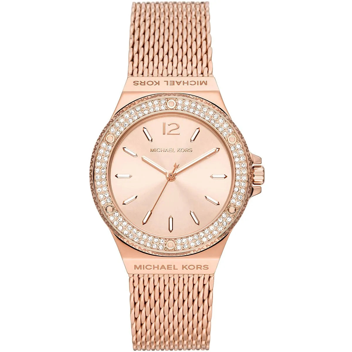 Michael Kors Lennox rose gold women's watch with crystal-pave bezel and mesh strap
