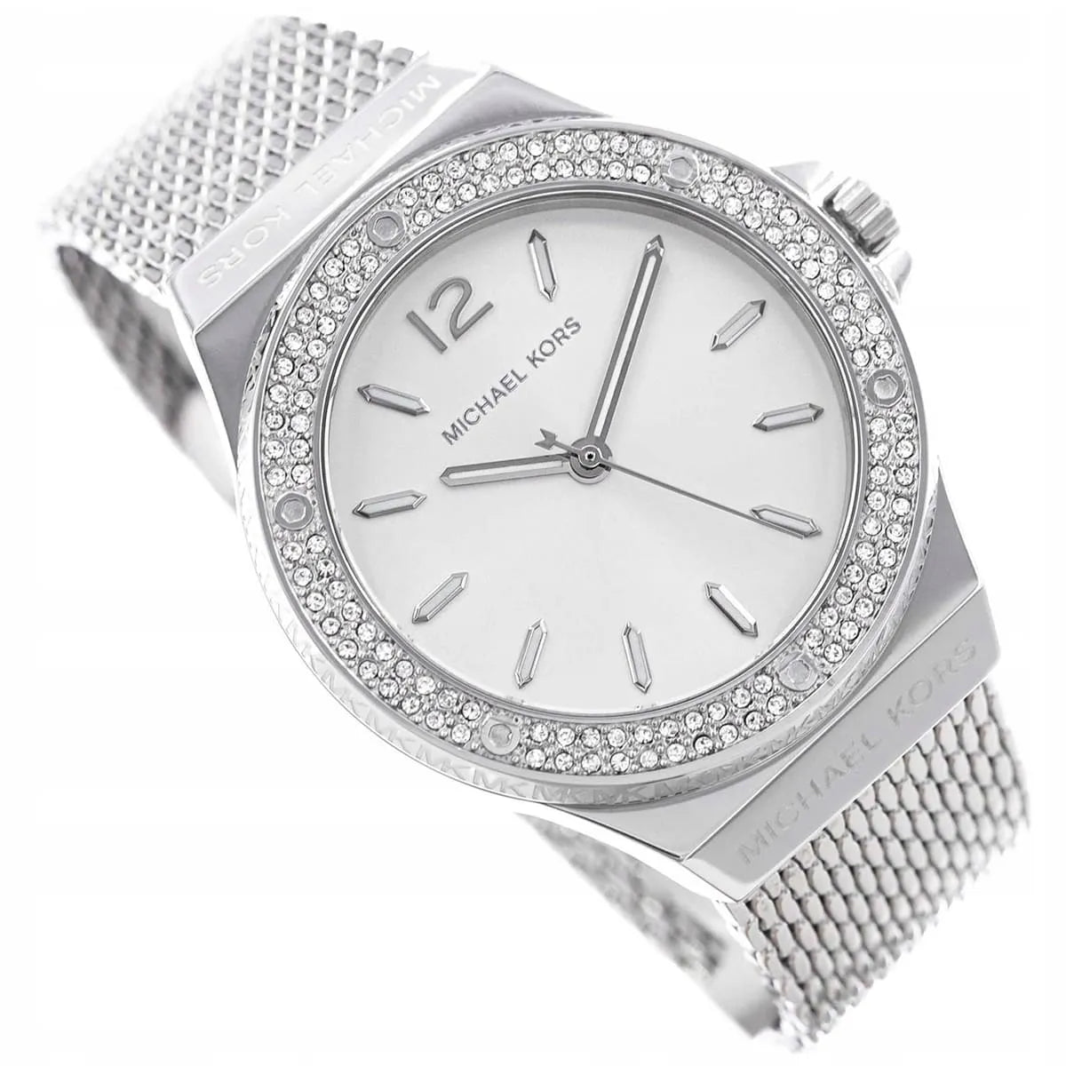 Angled view of Michael Kors Lennox watch showing crystal-set bezel and mesh band