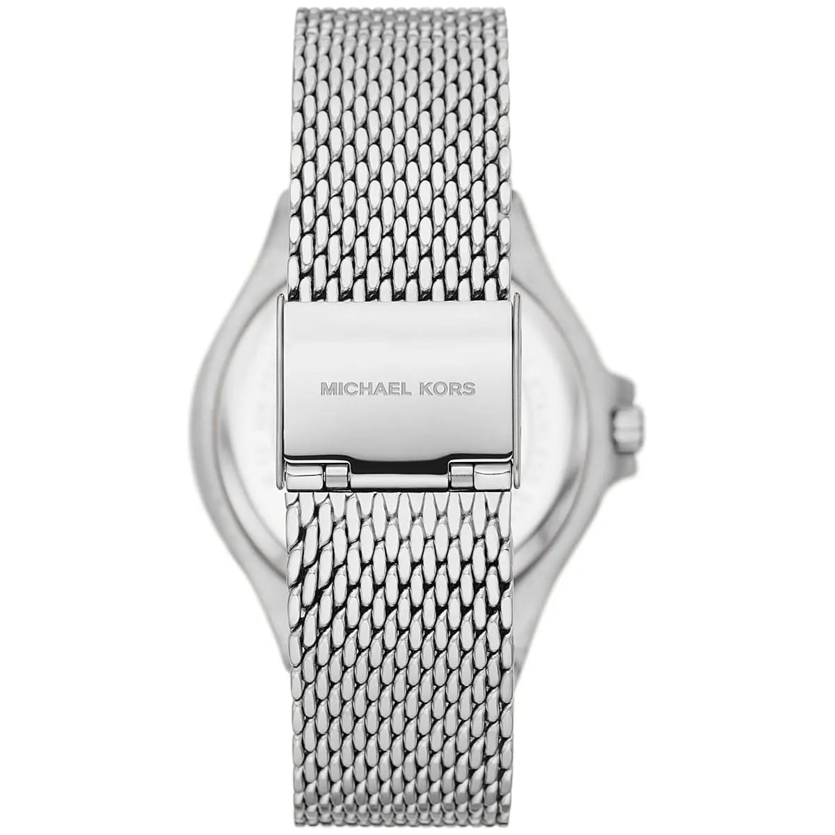 Back view of Michael Kors Lennox watch showing mesh band and logo on case back