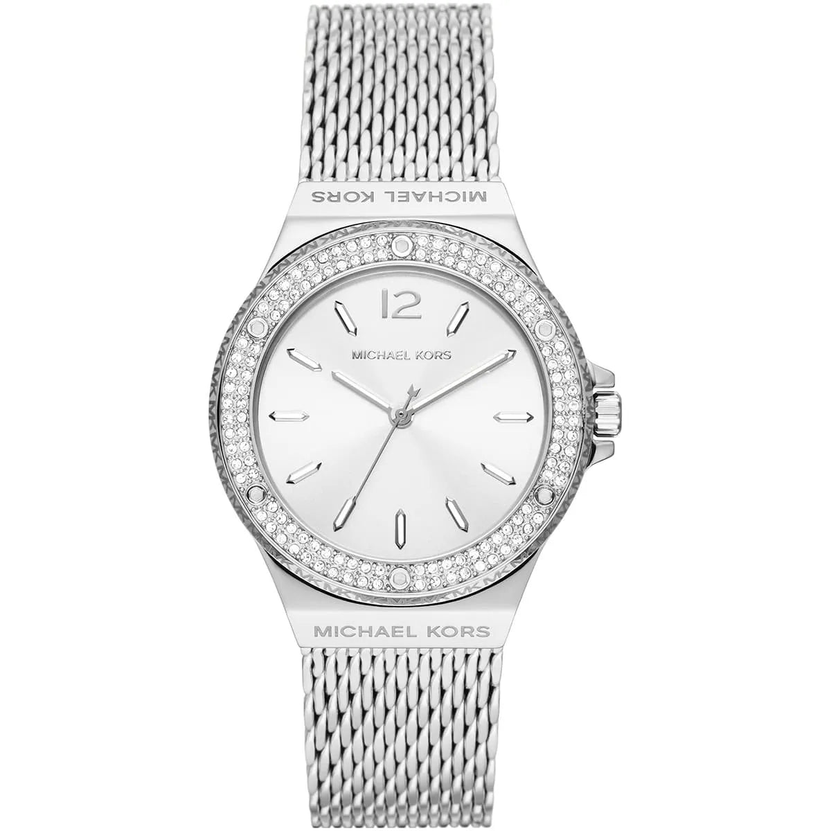 Michael Kors Lennox women's watch with crystal pavé bezel and white dial on silver mesh strap