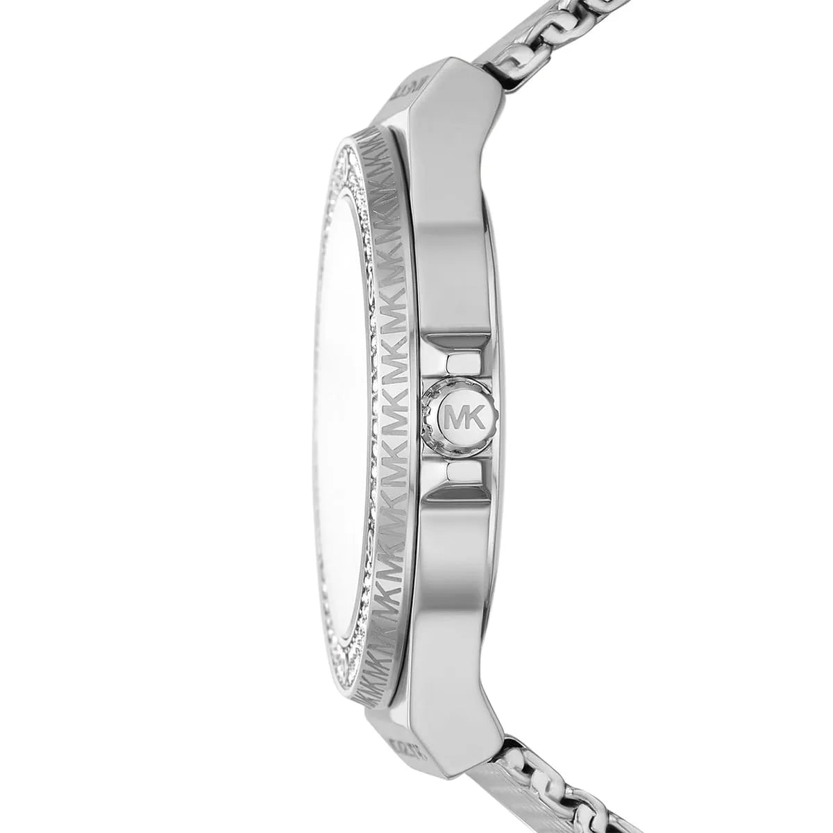 Side profile of Michael Kors Lennox watch with MK logo on stainless steel case